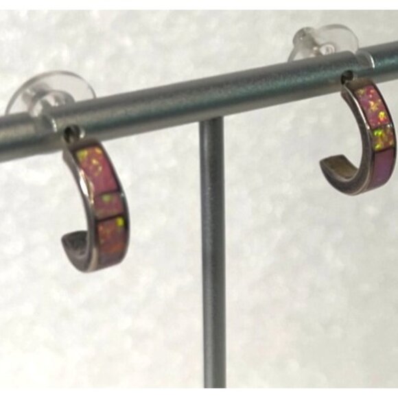 Vtg 90s Silver Pink Lab Opal Inlay Hoop Earrings 925 Huggies Southwestern Artisa - Picture 5 of 9